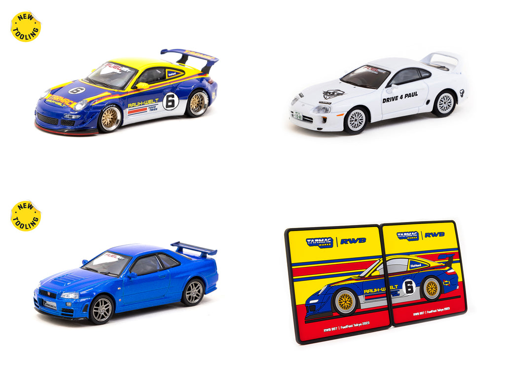 Tarmac Works 1/64 RWB 997 & Tarmac Works 1/64 Toyota Supra & Schuco X Tarmac Works 1/64 Nismo R34 GT-R Z-tune with RWB 997 Coaster Set