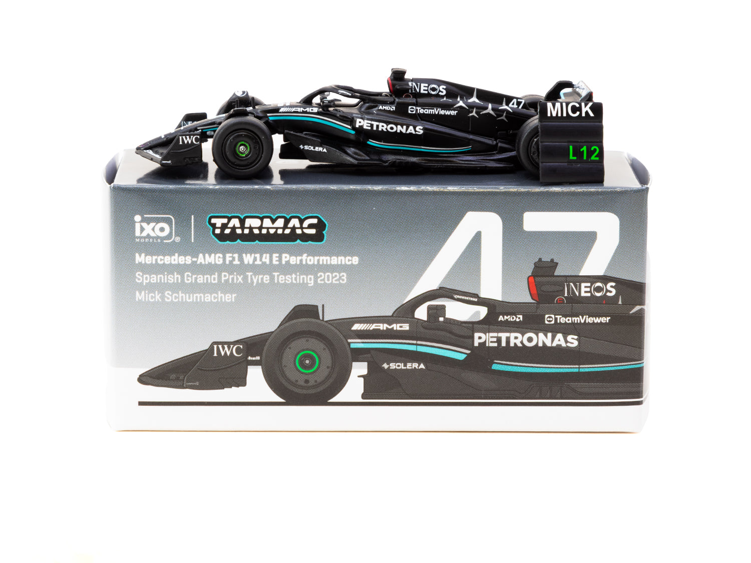 1/64 Mercedes-AMG F1 W14 E Performance Spanish Grand Prix Tyre Testing 2023 #47 Mick Schumacher - Tarmac Works X iXO Models GLOBAL64