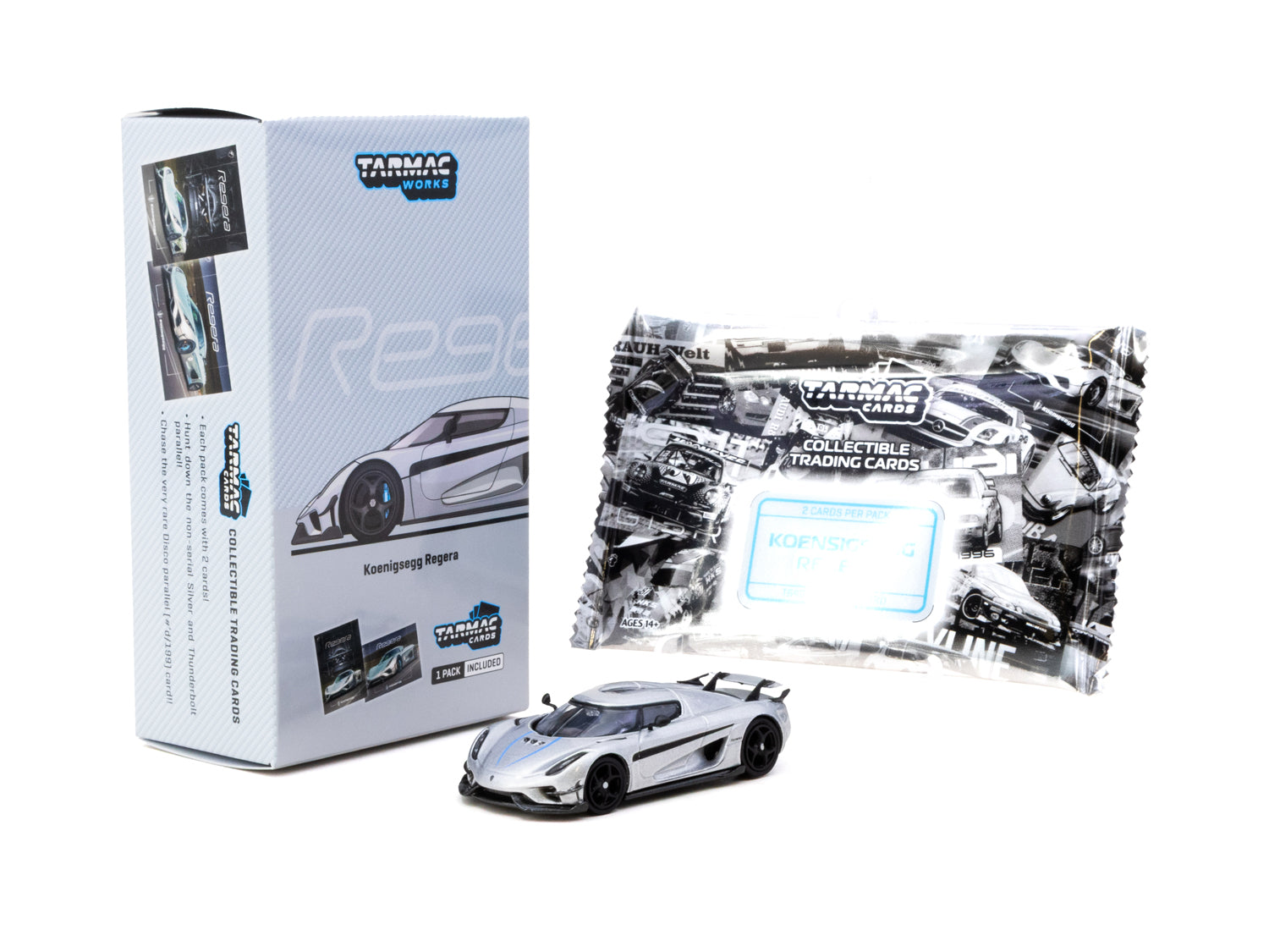1/64 Koenigsegg Regera Silver Metallic / Blue Accents with Tarmac Cards Combo Set - Tarmac Works GLOBAL64