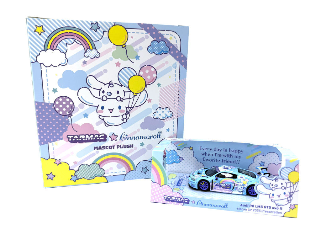 Tarmac Works 1/64 Audi R8 LMS GT3 evo II Macau GP 2025 Presentation Cinnamoroll with Blind Box Plush Bundle Set - Macau GP Special Edition - HOBBY64