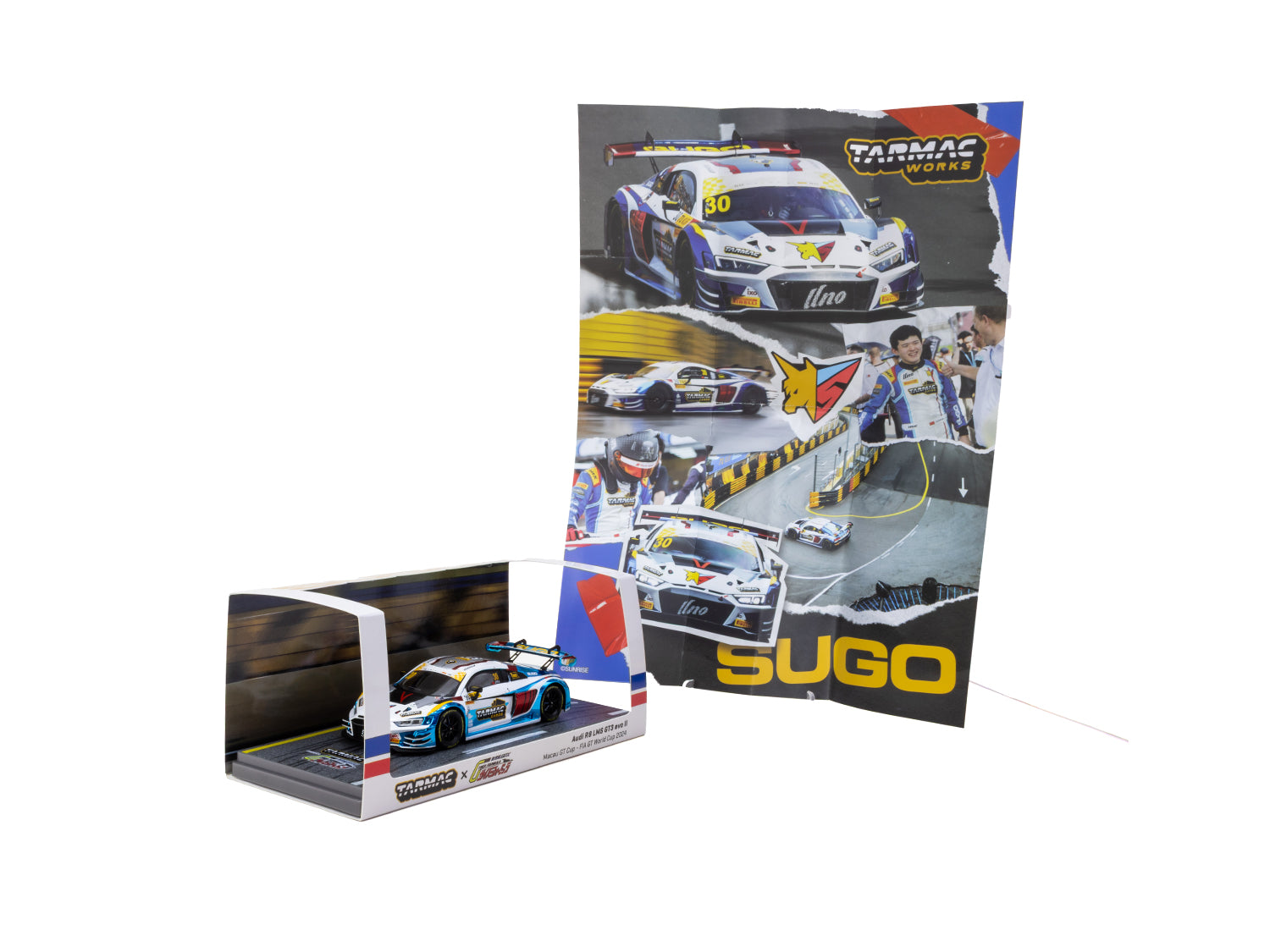1/43 Audi R8 LMS GT3 evo II Macau GT Cup - FIA GT World Cup 2024 - Race Version #30 Uno Racing with A4 poster - Tarmac Works HOBBY43