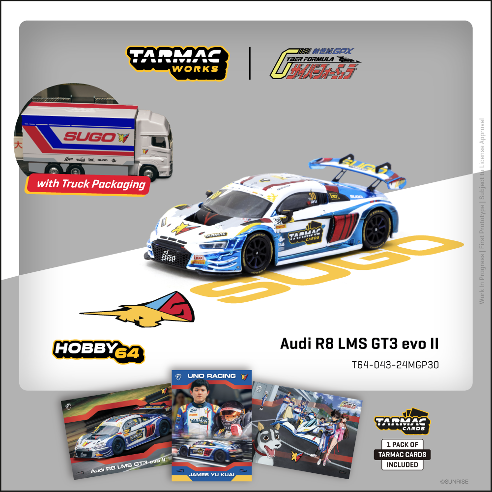 1/64 Audi R8 LMS GT3 evo II Macau GT Cup - FIA GT World Cup 2024 Uno Racing #30 with Tarmac Cards Combo Set and Truck Packaging - Tarmac Works HOBBY64