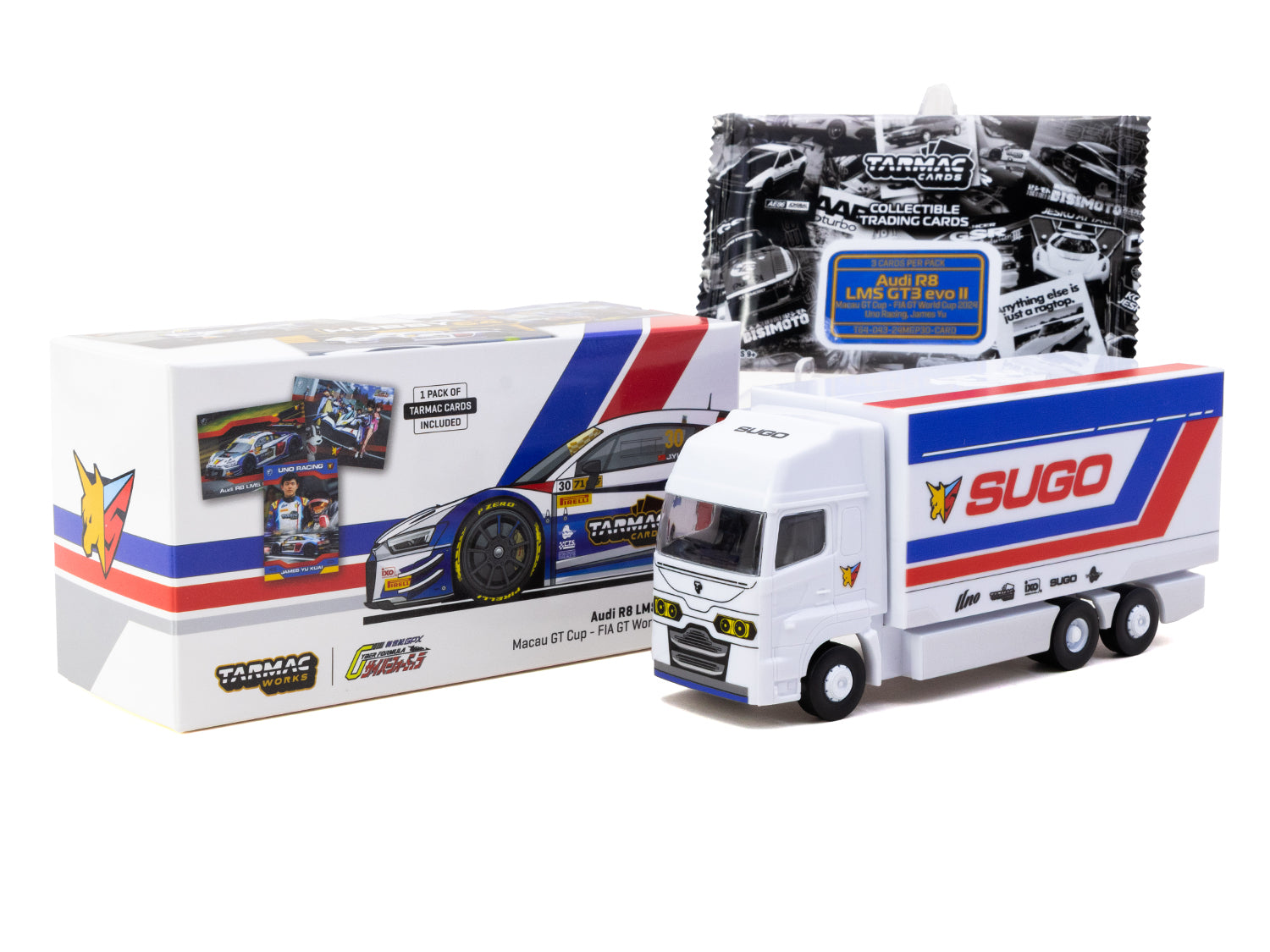 1/64 Audi R8 LMS GT3 evo II Macau GT Cup - FIA GT World Cup 2024 Uno Racing #30 with Tarmac Cards Combo Set and Truck Packaging - Tarmac Works HOBBY64