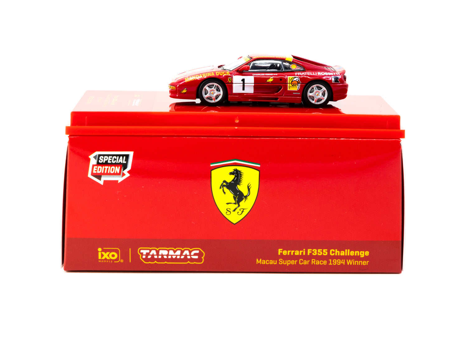 1/64 Ferrari F355 Challenge Macau Super Car Race 1994 Winner #01 Charles Kwan Special Edition - Tarmac Works X iXO Models HOBBY64