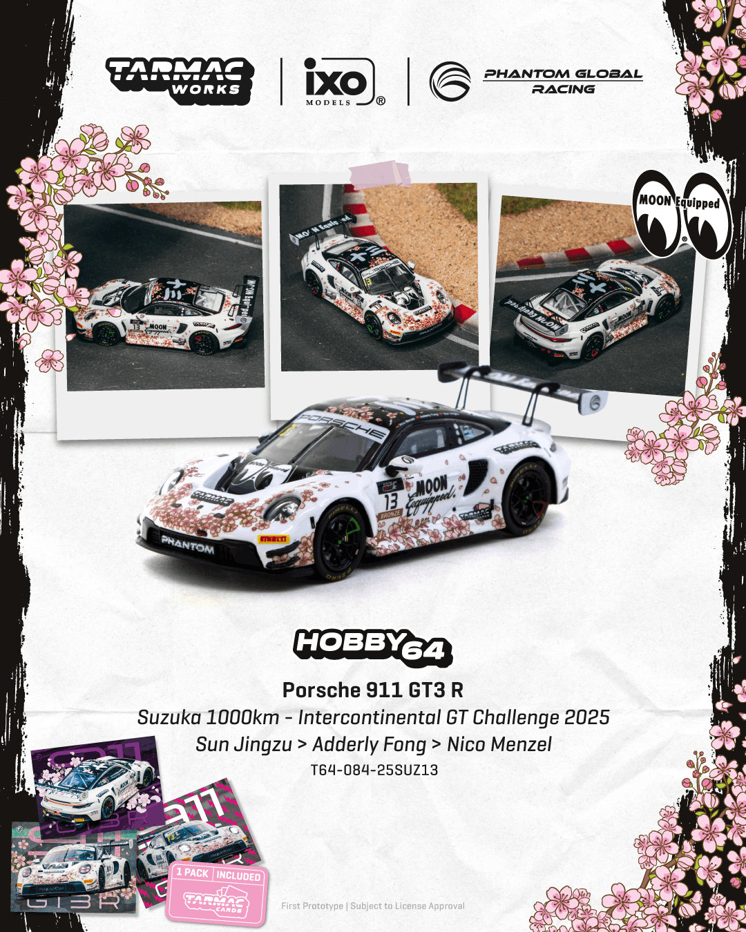 1/64 Porsche 911 GT3 R Suzuka 1000km - Intercontinental GT Challenge 2025 - Phantom Global Racing #13 with Tarmac Cards - Tarmac Works x iXO Models HOBBY64