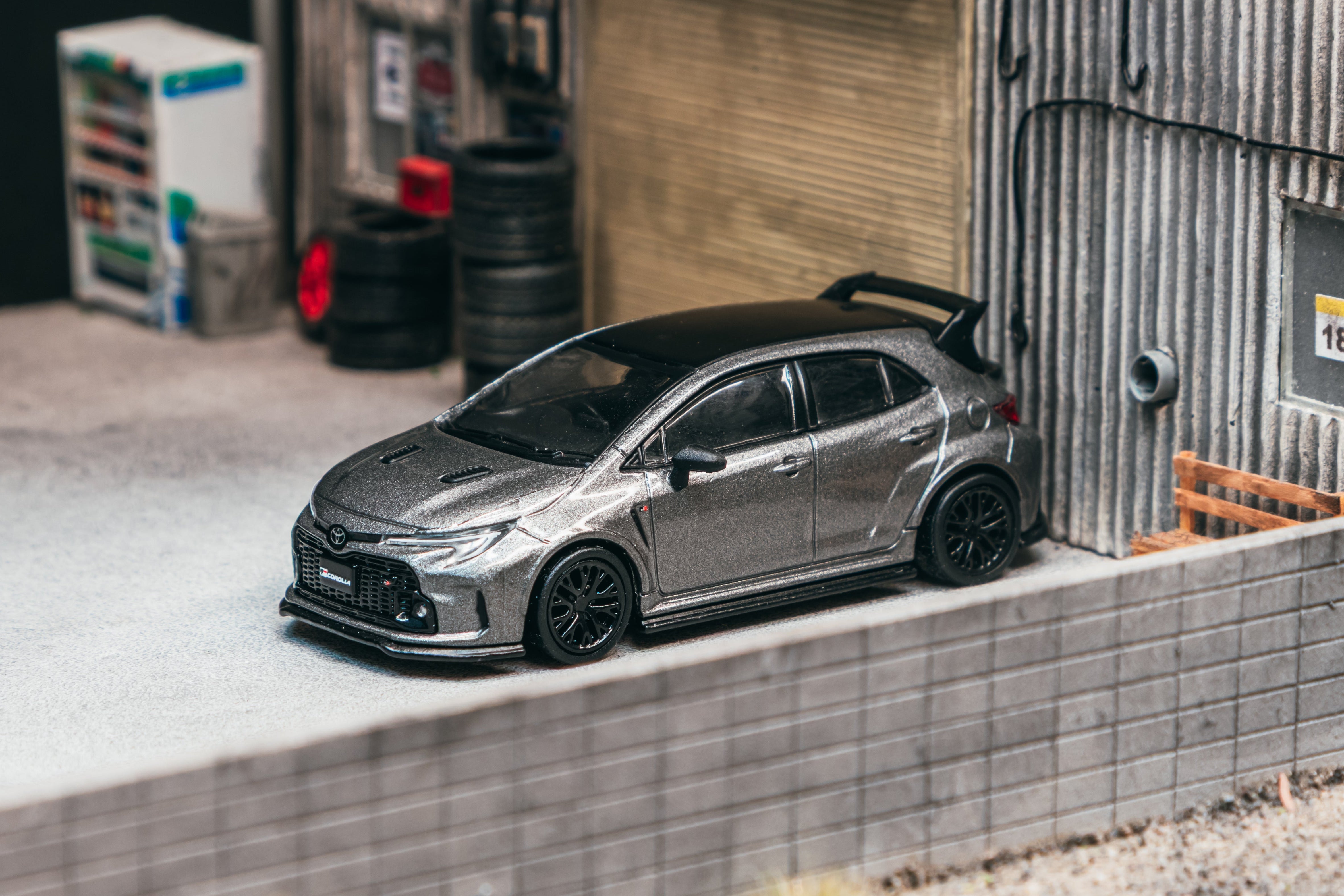 1/64 Toyota GR Corolla Grey with oil can packaging - Tarmac Works GLOBAL64