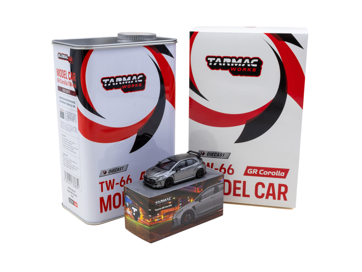 1/64 Toyota GR Corolla Grey with oil can packaging - Tarmac Works GLOBAL64