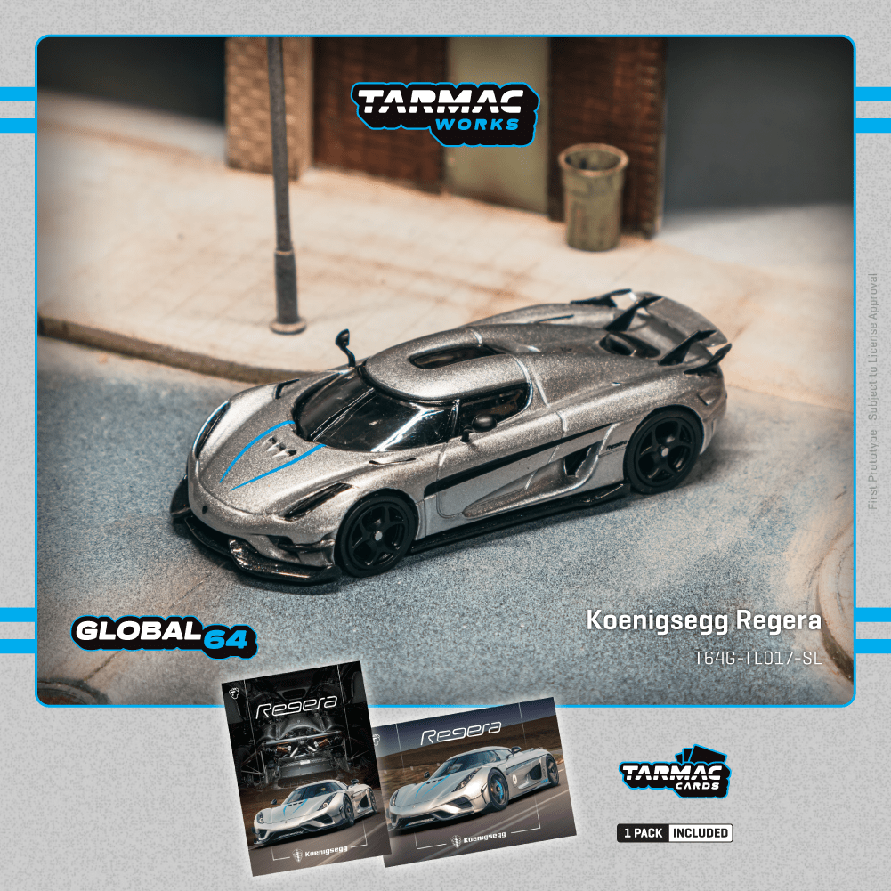 1/64 Koenigsegg Regera Silver Metallic / Blue Accents with Tarmac Cards Combo Set - Tarmac Works GLOBAL64