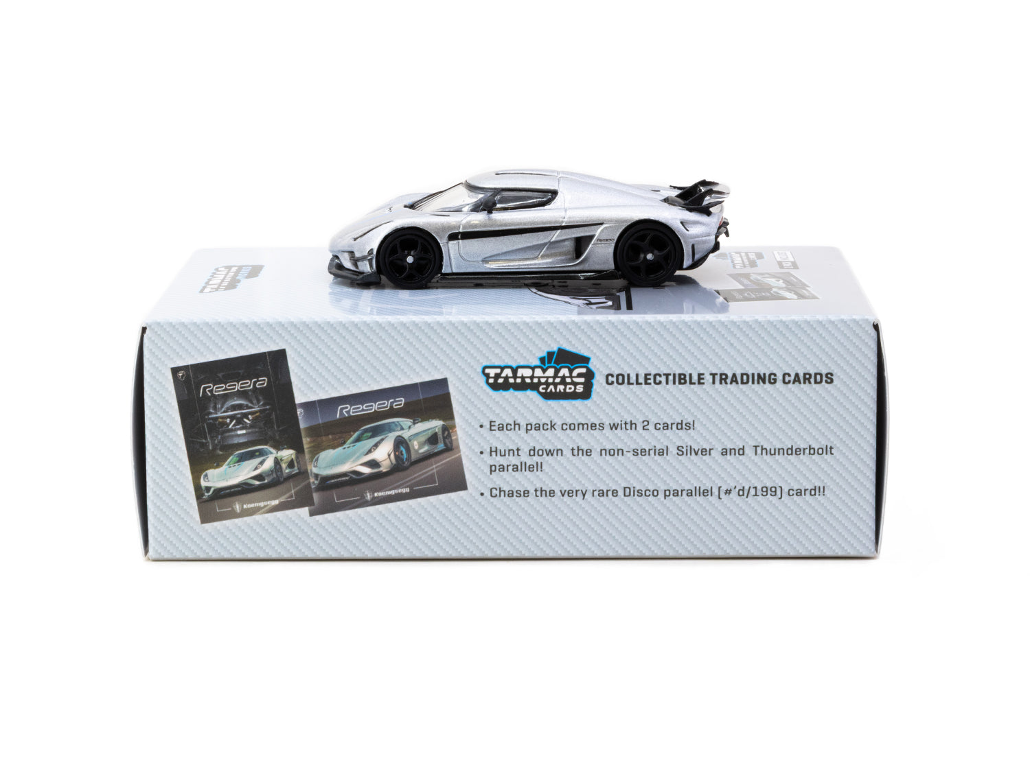1/64 Koenigsegg Regera Silver Metallic / Blue Accents with Tarmac Cards Combo Set - Tarmac Works GLOBAL64